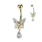 Piercing nombril doré papillon et goutte strass