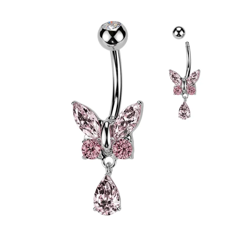 Piercing nombril papillon et goutte strass rose