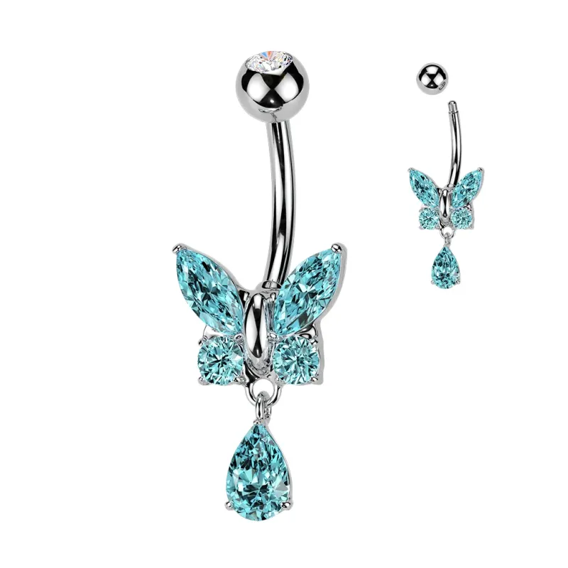 Piercing nombril papillon et goutte strass turquoise