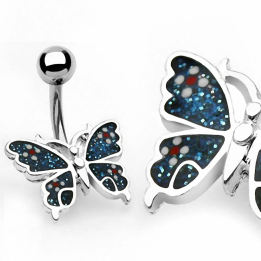 Piercing nombril papillon bleu en acier – Ailes scintillantes pailleté
