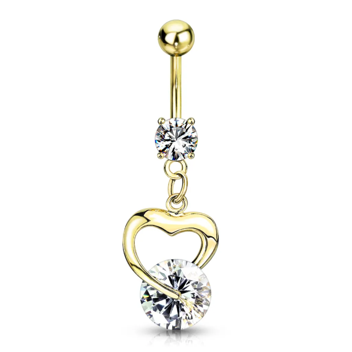 Piercing nombril plaqué or cœur avec strass solitaire