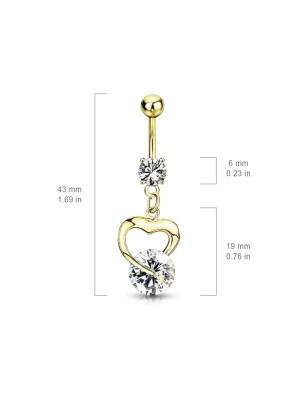 Piercing nombril plaqué or cœur avec strass solitaire