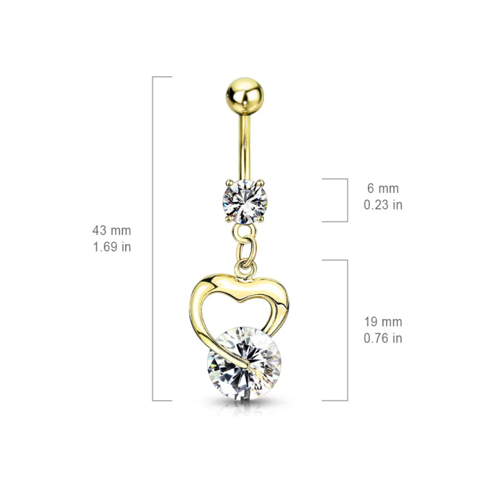 Piercing nombril plaqué or cœur avec strass solitaire