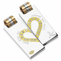 Pendentifs couple en acier – Cœur doré & amour éternel