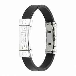 Bracelet caoutchouc noir & acier motif labyrinthe moderne