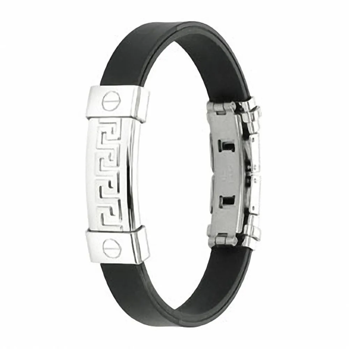 Bracelet caoutchouc noir & acier motif labyrinthe moderne