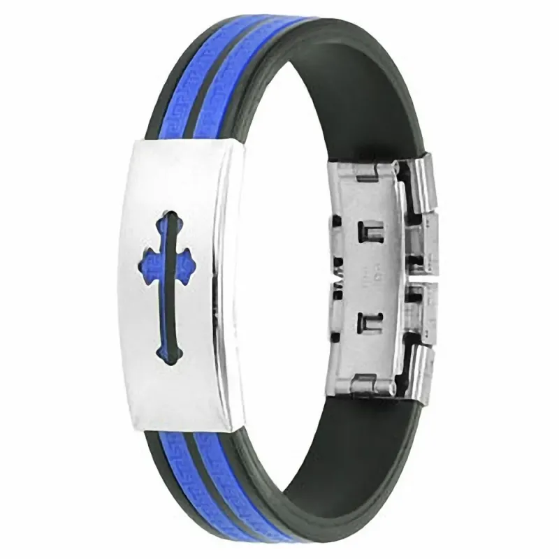 Bracelet caoutchouc et acier inoxydable - Croix médiévale