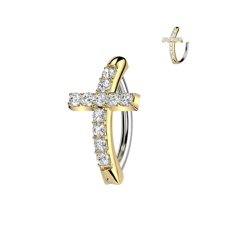 Piercing anneau clicker nombril croix dorée strass