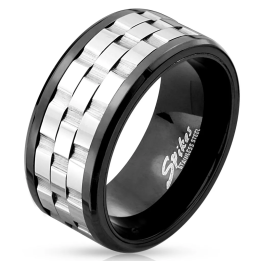 Bague tournante homme acier noir et argent effet maillons – Moderne