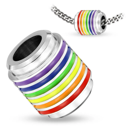 Pendentif LGBT acier inoxydable – Cylindre anneaux arc-en-ciel Pride