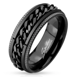 Bague homme acier noir – Anneau avec chaîne centrale rotative tendance