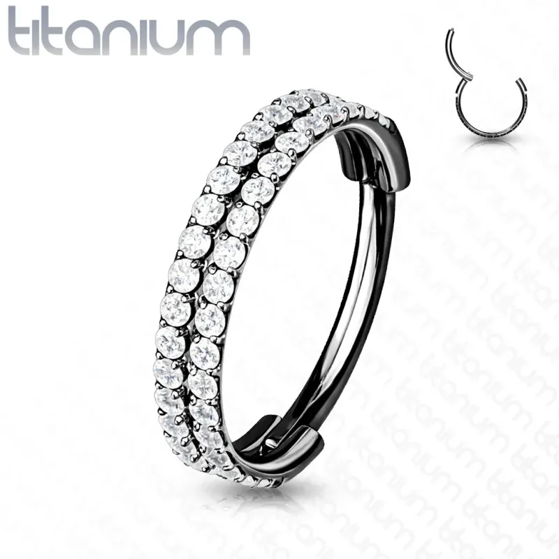 Piercing anneau oreille titane noir double ligne de strass
