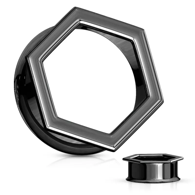 Piercing tunnel oreille hexagonal acier noir PVD Piercing tunnel oreille hexagonal acier noir PVD