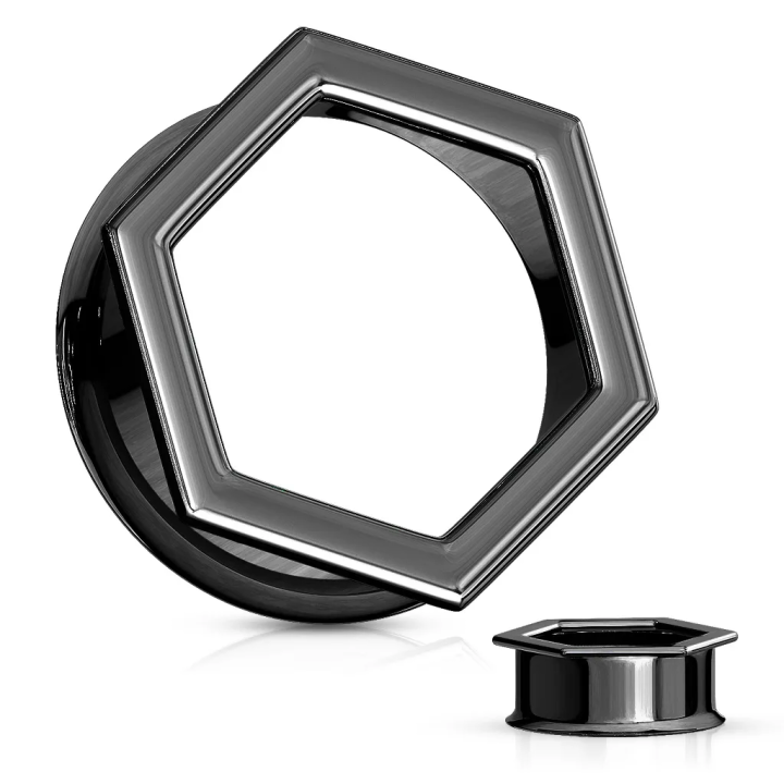 Tunnel d’oreille hexagonal acier noir – Piercing stretch