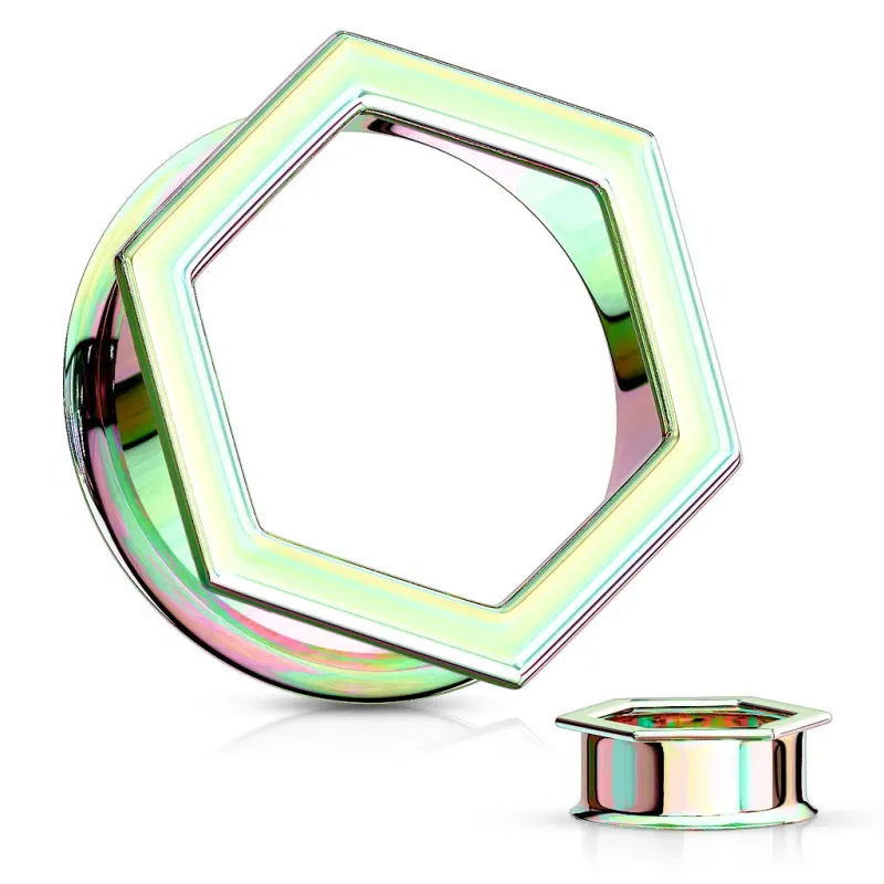 Piercing tunnel oreille hexagonal acier rainbow PVD