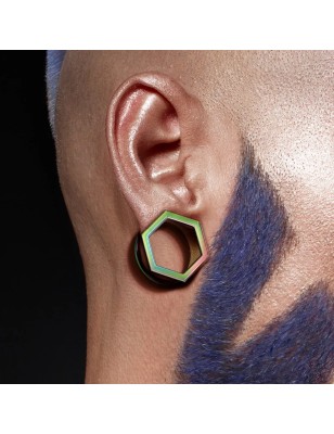 Tunnel d’oreille hexagonal acier rainbow – Piercing stretching