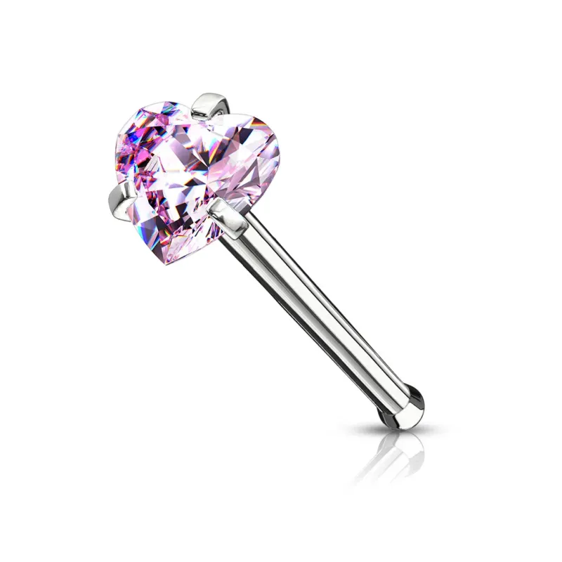 Piercing nez tige droite zircon coeur rose