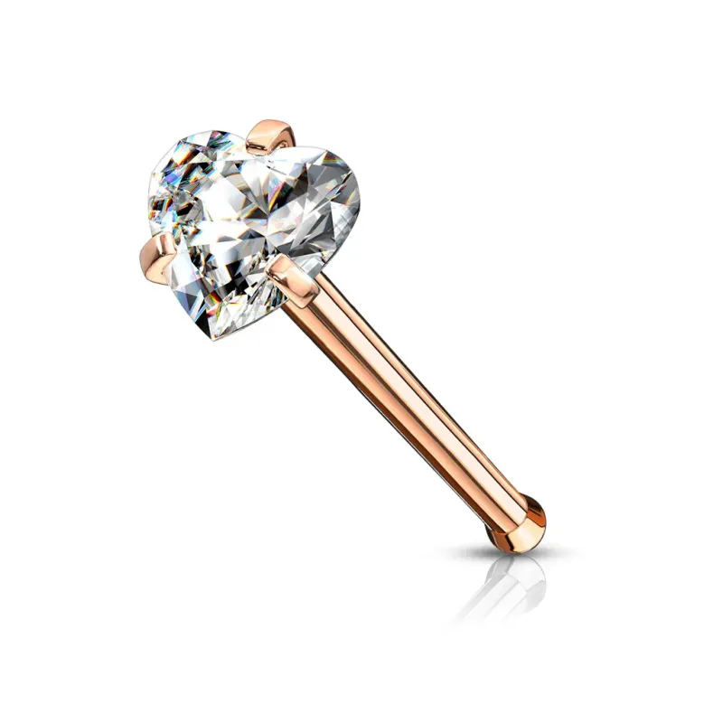 Piercing nez tige droite rose gold zircon coeur
