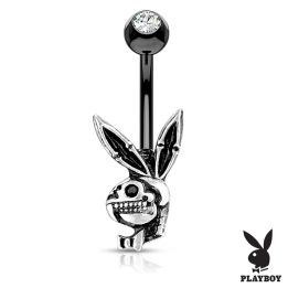 Piercing nombril Playboy – acier noir avec strass et pendentif skull