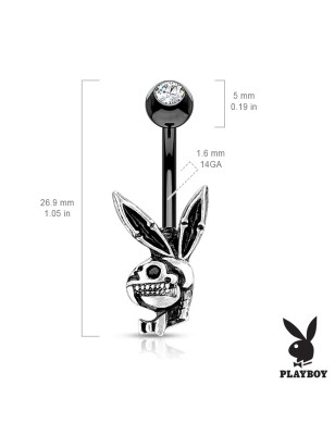 Piercing nombril Playboy – acier noir avec strass et pendentif skull