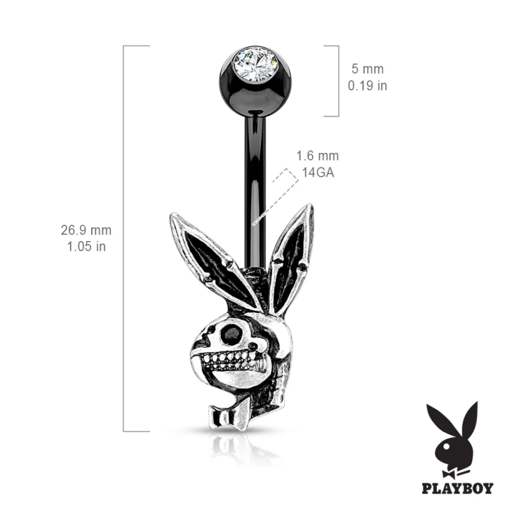 Piercing nombril Playboy – acier noir avec strass et pendentif skull