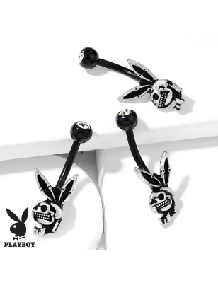 Piercing nombril Playboy – acier noir avec strass et pendentif skull
