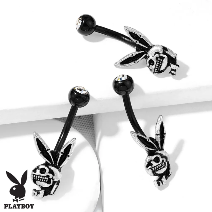Piercing nombril Playboy – acier noir avec strass et pendentif skull