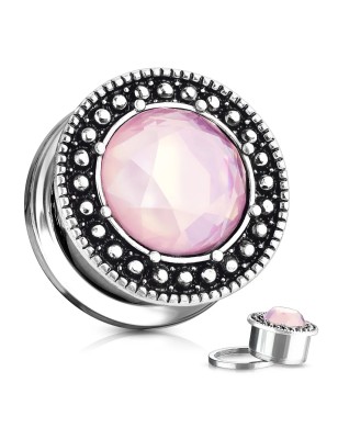 Plug d’oreille acier pierre rose facettée – Piercing chic