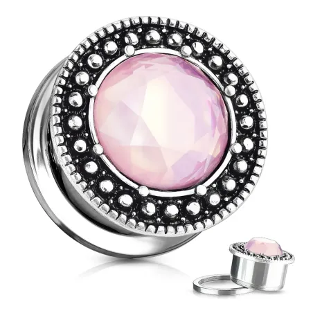Plug d’oreille acier pierre rose facettée – Piercing chic