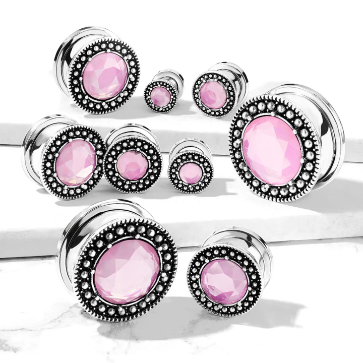 Plug d’oreille acier pierre rose facettée – Piercing chic