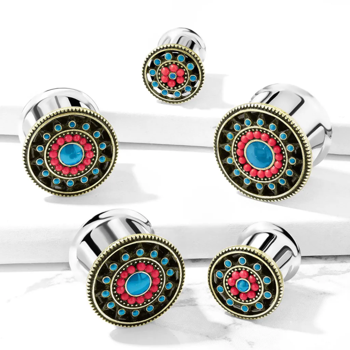 Plug d’oreille acier ethnique coloré – Piercing tribal chic