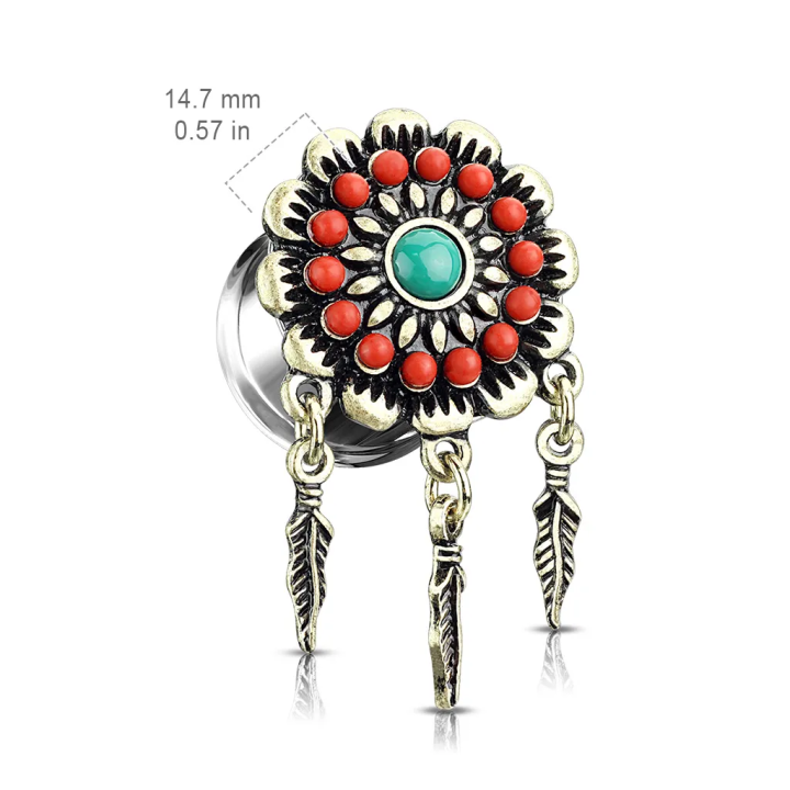 Plug d’oreille acier attrape-rêves plumes – Piercing tribal