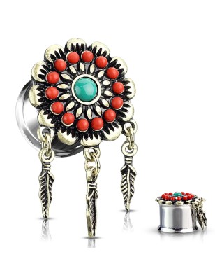 Plug d’oreille acier attrape-rêves plumes – Piercing tribal
