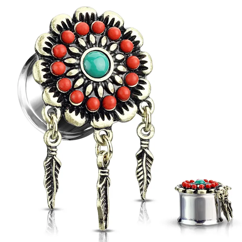 Plug d’oreille attrape-rêves en acier avec pendentifs plume Plug d’oreille attrape-rêves en acier avec pendentifs plume