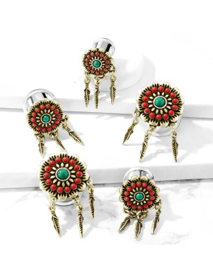 Plug d’oreille acier attrape-rêves plumes – Piercing tribal