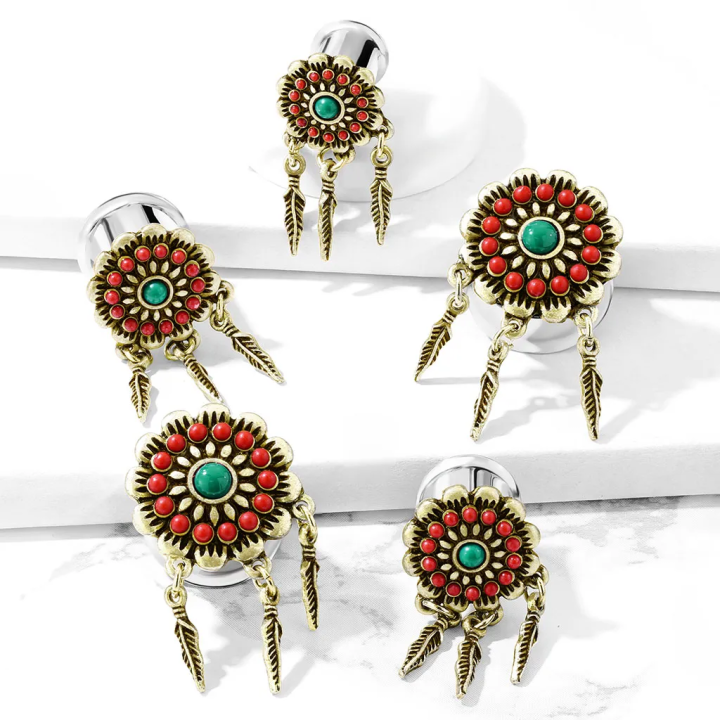 Plug d’oreille acier attrape-rêves plumes – Piercing tribal