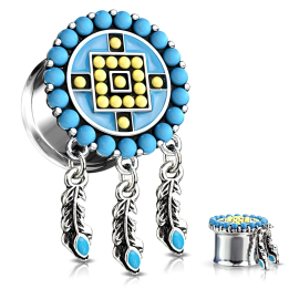 Plug d’oreille acier tribal plumes turquoise – Piercing aztèque