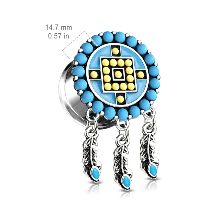 Plug d’oreille acier tribal plumes turquoise – Piercing aztèque