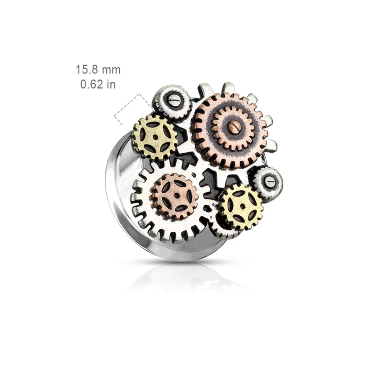 Tunnel d’oreille acier steampunk engrenages – Piercing stretching