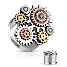 Tunnel d’oreille acier steampunk engrenages – Piercing stretching