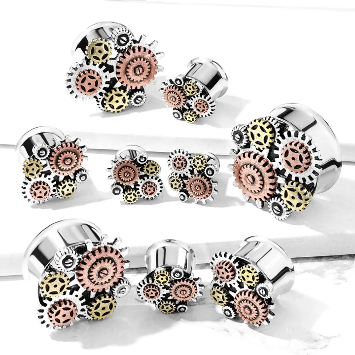 Tunnel d’oreille acier steampunk engrenages – Piercing stretching