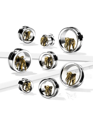 Tunnel d’oreille acier éléphant doré – Piercing animal totem