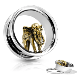 Tunnel d’oreille acier éléphant doré – Piercing animal totem