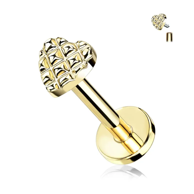 Piercing labret oreille hélix coeur texturé doré