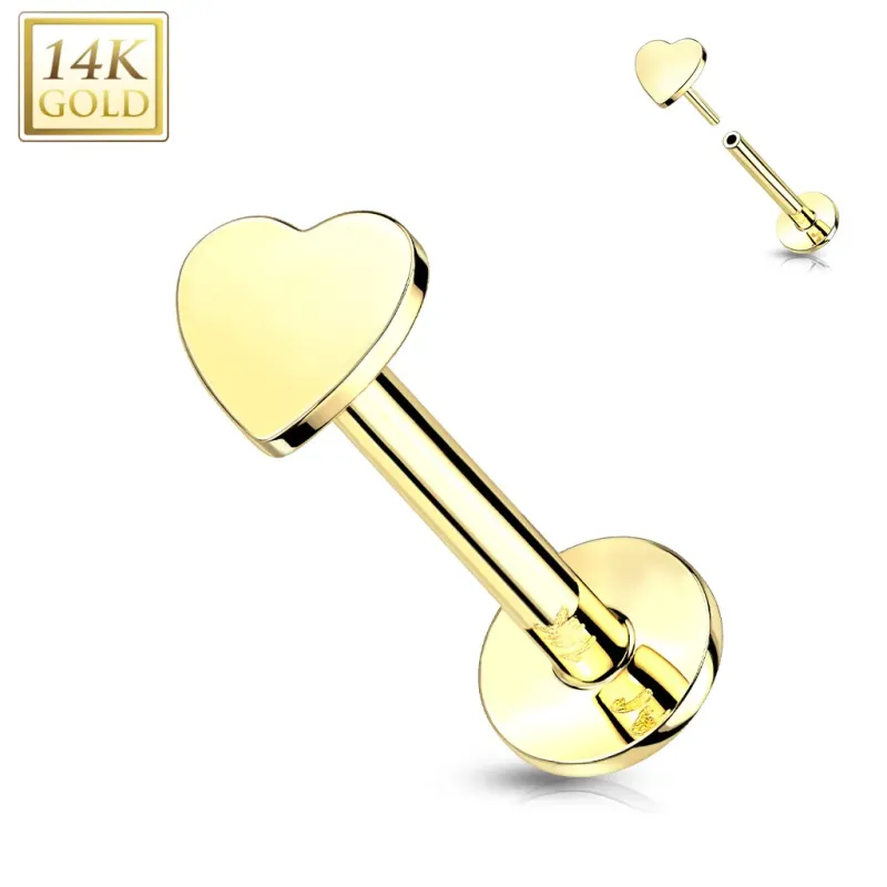 Piercing labret oreille or jaune 14 carats coeur