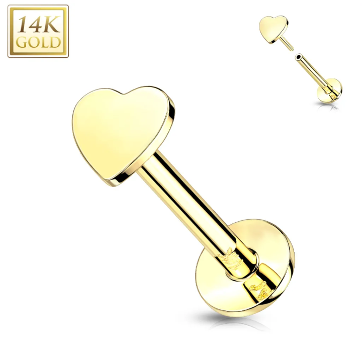 Labret oreille en or 14 carats cœur push-in | Piercing romantique