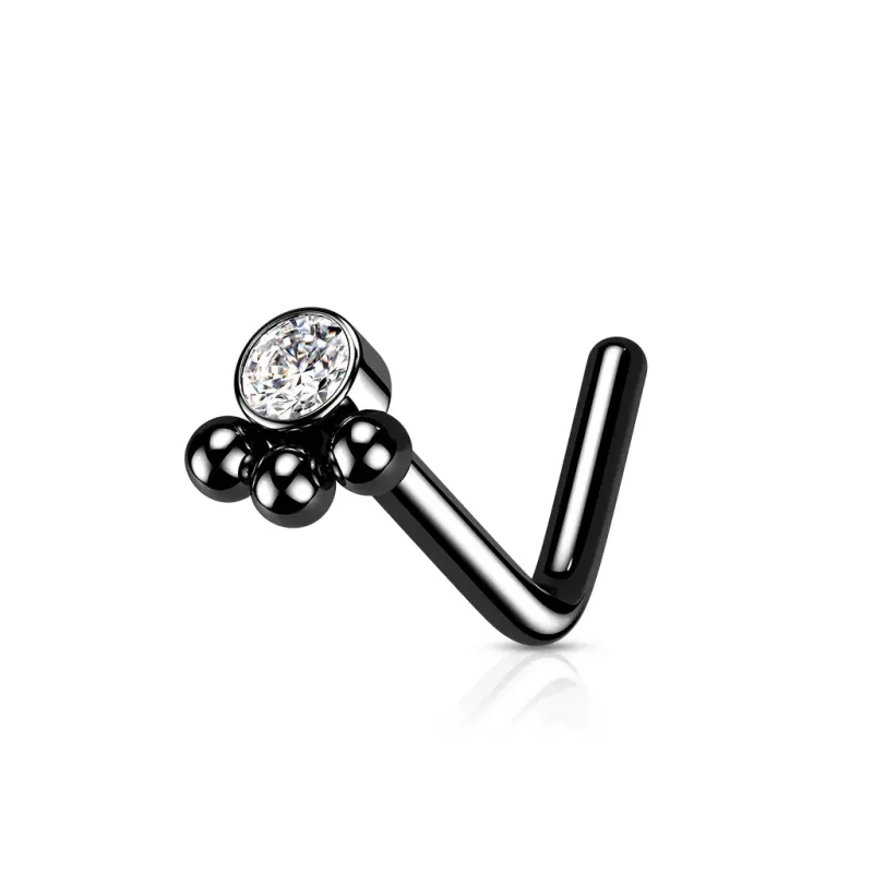 Piercing nez tige L noir strass et trois billes