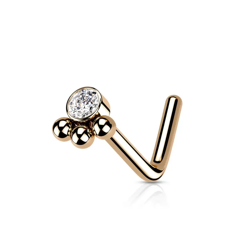 Piercing nez tige L rose gold strass et trois billes