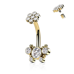 Piercing nombril papillon doré en acier chirurgical avec strass