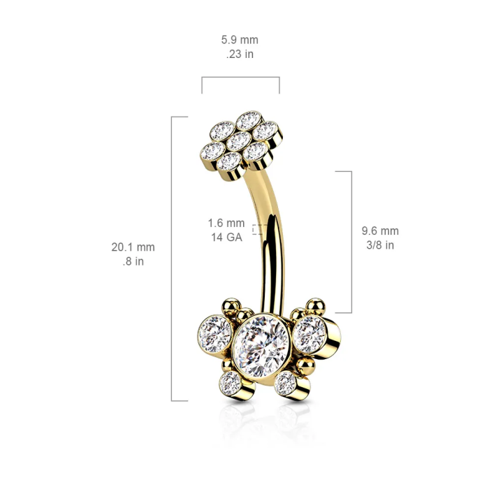 Piercing nombril papillon doré en acier chirurgical avec strass